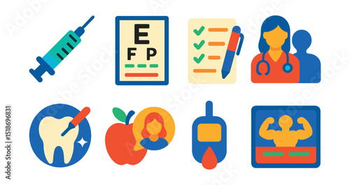Flat vector icons of preventive care: vaccine syringe, screening chart, health questionnaire, routine checkup, dental cleaning, nutrition consultation, blood sugar test, fitness program card.