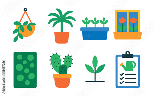 Flat vector icons of indoor plants and green spaces: hanging plant pot, potted palm icon, indoor herb garden, window planter box, vertical green wall, cactus in pot, minimalist greenery, watering