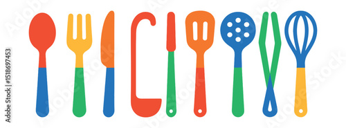 Flat vector icons of essential kitchen utensils: spoon, fork, knife, ladle, spatula, slotted spoon, tongs, whisk.