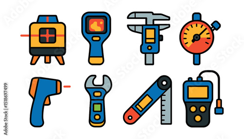 Flat vector icons of digital and precision tools: laser level, thermal imaging tool, digital caliper, torque angle gauge, IR thermometer, smart wrench, digital angle finder, ultrasonic thickness