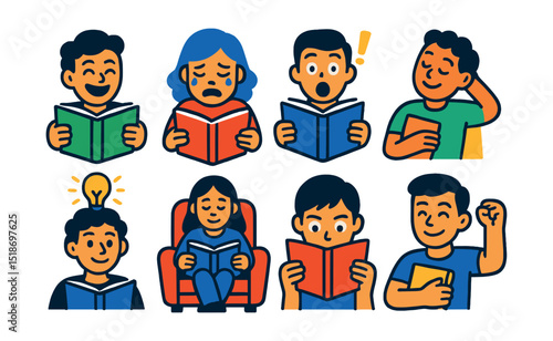 Flat vector icons of reading emotions: laughing with book, crying at page, shocked expression while reading, relaxed reader, inspired moment, cozy comfort, lost in book, proud of finish.