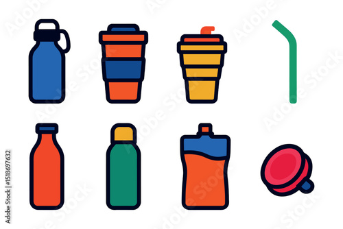 Flat vector icons of refillable and reusable beverage items: stainless steel water bottle, reusable travel mug, collapsible cup, eco straw, glass milk bottle, insulated flask, reusable juice pouch,