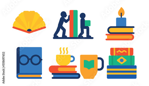 Flat vector icons of book-themed objects: book-shaped lamp, bookend figures, floating bookshelf, candle and book combo, book with glasses, teacup on book, reading-themed mug, decorative stack of