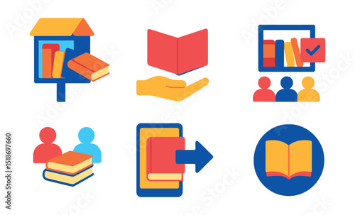 Flat vector icons of book sharing and lending: book exchange box, lending hand with book, borrowed book note, shared shelf, community book swap, digital lending icon, return reminder, open book in