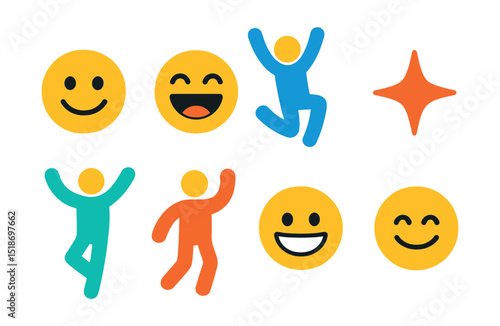 Flat vector icons of joyful emotions: smiling face, laughing with closed eyes, joyful jump, excitement spark, happy dance, cheerful wave, grinning expression, satisfied smile.