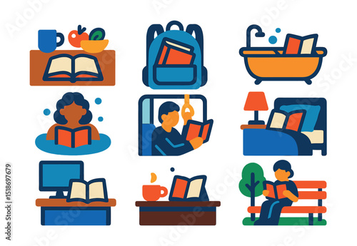 Flat vector icons of books in everyday life: book on kitchen table, backpack with book peeking, bath book caddy, commute read, bedtime routine, office reading break, café counter with book, park