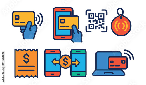 Flat vector icons of cashless transactions: contactless payment, mobile pay, QR code scan, NFC tag, digital receipt, peer-to-peer transfer, e-commerce checkout, virtual card.
