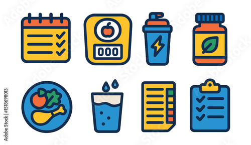 Flat vector icons of nutrition and diet tracking: meal planner, calorie counter, protein shake, vitamin bottle, healthy plate, water intake glass, nutrition label, diet checklist.