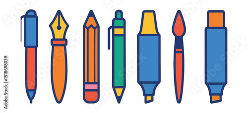 Flat vector icons of writing tools: ballpoint pen, fountain pen, pencil, mechanical pencil, marker, highlighter, brush pen, chalk stick.