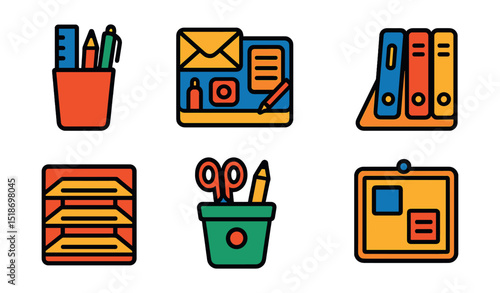 Flat vector icons of desk organizers: pen cup, drawer organizer, stationery tray, desktop file stand, paper sorter, supply bin, wall pocket file, memo board.