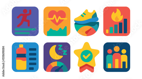 Flat vector icons of fitness app interfaces: workout summary, heart rate graph, step count progress, calorie burn chart, hydration tracker, sleep quality score, goal achievement badge, community