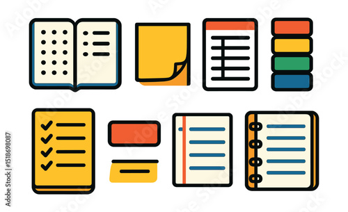 Flat vector icons of note-taking essentials: bullet journal spread, sticky note pad, daily planner sheet, index tab set, checklist notepad, highlight swatch, margin notes, ring notebook opened.