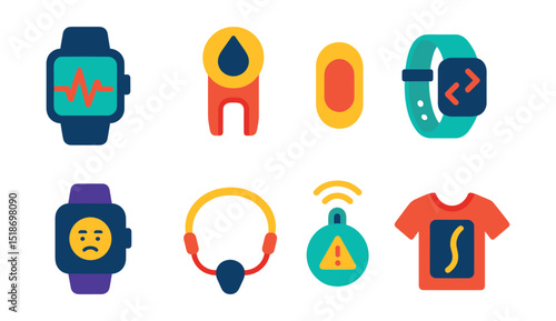 Flat vector icons of wearable health sensors: ECG monitor, blood oxygen sensor, skin temperature patch, movement tracker, stress monitor, biofeedback device, fall detector, posture sensor.