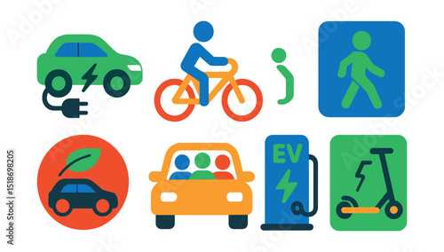 Flat vector icons of eco-friendly transportation: electric vehicle icon, bike commute symbol, hybrid car badge, carpool group, pedestrian priority sign, EV charging station, public transport token, e