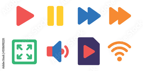 Flat vector icons of video formats and playback: play button, pause button, fast forward, rewind, fullscreen, volume control, video file icon, streaming signal.