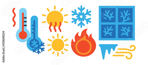 Flat vector icons of temperature visuals: thermometer hot, thermometer cold, sun with heatwaves, snowflake icon, frosty window, fireball sun, freezing icicle, warm breeze lines.