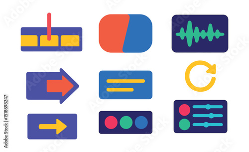 Flat vector icons of video editing elements: timeline scrubber, transition effect, audio waveform, rendering icon, export button, subtitle track, color grading panel, multi-cam view.