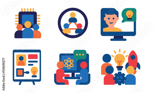 Flat vector icons of community and collaboration in future tech: tech meetup icon, decentralized community badge, online innovation forum, future-focused team icon, remote brainstorming board,