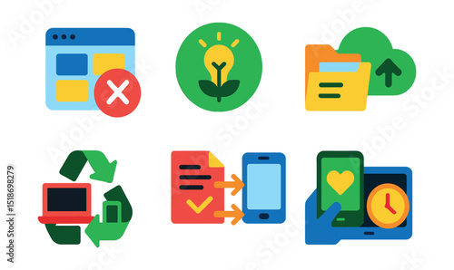 Flat vector icons of digital sustainability and minimalism: digital declutter icon, power-saving mode badge, e-receipt folder, green cloud storage, device recycling symbol, paperless workflow chart,