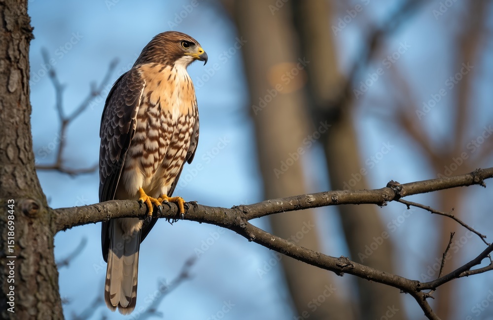 Obraz premium Sharp-shinned hawk perched on tree branch. Bird of prey, hunter in natural habitat. Brown feather plumage detail. Wildlife, nature theme photo. Hunting bird, predator with sharp beak, focused gaze.