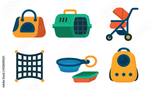 Flat vector icons of travel and transport gear: pet carrier bag, travel crate, seatbelt harness, pet stroller, car barrier net, travel water bowl, portable litter tray, travel backpack for pets.