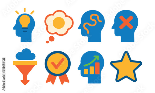 Flat vector icons of mental focus assistants: thought clarity icon, single-task bubble, mind focus path, clutter-free head icon, focused thought filter, decision priority badge, productivity mindset