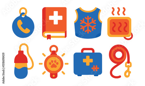 Flat vector icons of pet emergency items: emergency contact tag, pet first aid manual, cooling vest, heating pad, portable water bottle, pet flare light, travel meds box, backup leash.