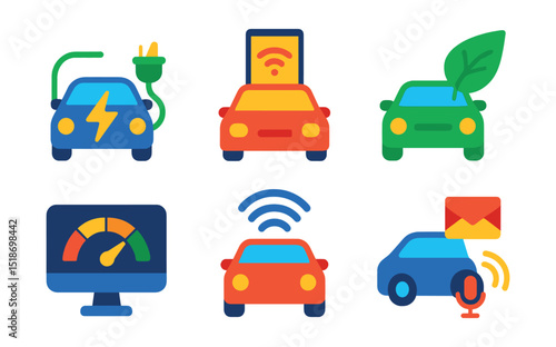 Flat vector icons of automotive trends: electric mobility icon, smart features, green driving trend, subscription model, minimal design, digital dashboard trend, connected cars, voice control.