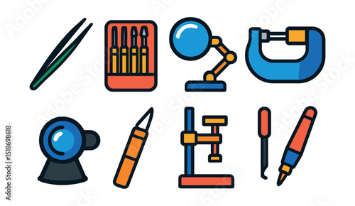 Flat vector icons of precision tools: tweezers, mini screwdriver set, magnifying lamp, micrometer, jeweler’s loupe, precision knife, clamp stand, engraving pen.