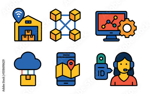 Flat vector icons of logistics technology: smart logistics hub, blockchain in logistics, API integration, logistics cloud, tracking system, IoT tag, AI prediction, virtual logistics assistant.