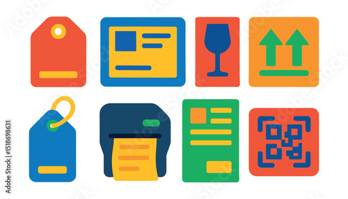 Flat vector icons of labeling and identification: product label, shipping label, fragile sticker, “this side up” icon, printed tag, label printer, customs declaration, scan-ready label.
