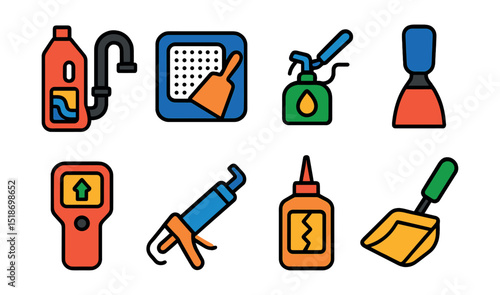 Flat vector icons of home maintenance tools: drain cleaner, wall patch kit, door hinge oil, tile scraper, stud finder, caulking gun, crack filler bottle, gutter scoop.
