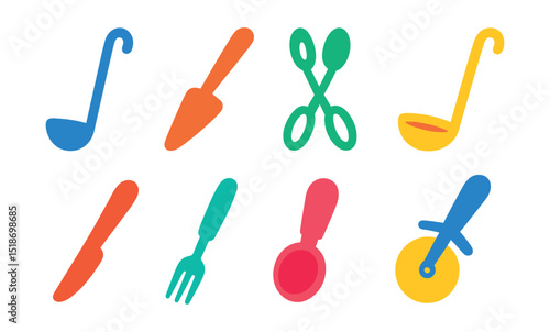 Flat vector icons of serving and plating tools: soup ladle, cake server, salad tongs, gravy ladle, butter knife, appetizer fork, ice cream scoop, pizza cutter.