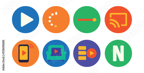 Flat vector icons of streaming and on-demand: play button, buffering icon, streaming bar, cast to TV, mobile stream, binge icon, episode queue, streaming service logo.