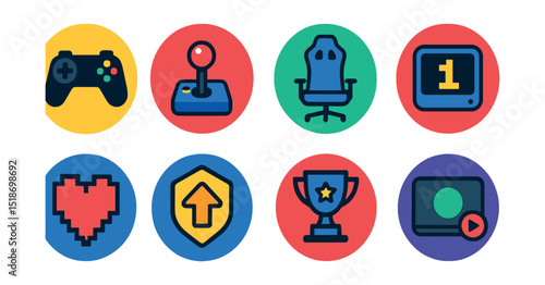 Flat vector icons of gaming and entertainment play: gamepad, arcade joystick, gaming chair, high score, pixel art icon, level-up badge, esports logo, game stream icon.
