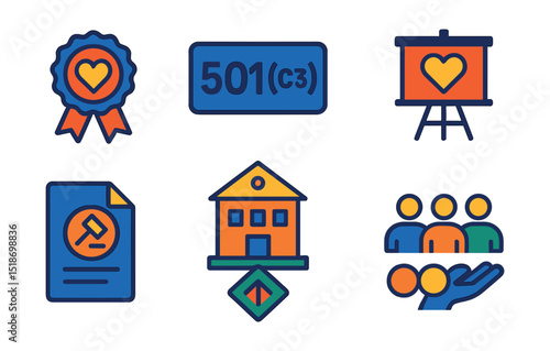 Flat vector icons of nonprofit organizations: nonprofit badge, 501(c)(3) icon, organization building, charity board, legal document icon, mission-driven logo, nonprofit team, values icon.