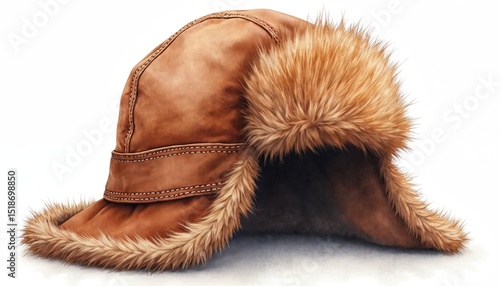 Warm trapper hat with ear flaps for winter adventures. Faux fur, leather texture, cozy accessory. Perfect for snowy days, skiing, snowboarding, outdoor activities. Trendy headwear for men and women.