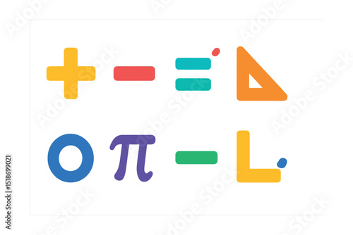 Flat vector icons of mathematical shape symbols: plus sign, minus sign, equal sign, angle icon, degree circle, pi symbol, fraction bar, geometric notation mark.