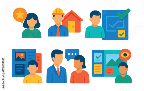 Flat vector icons of clients and project engagement: client feedback, home walkthrough, design approval, idea board, client portfolio, consultation icon, signed contract, vision alignment.