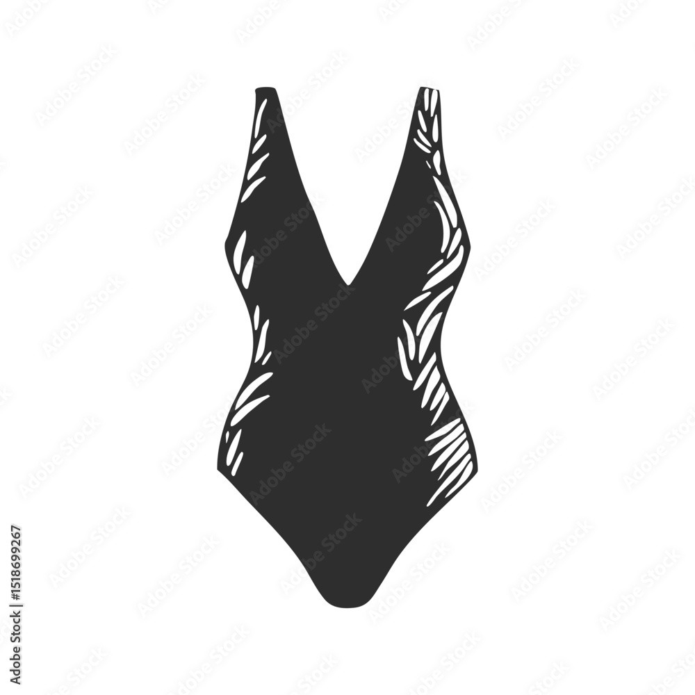 Obraz premium Swimsuit Silhouette With Leaf Pattern Design. Fashion And Beachwear Style Isolated Vector Illustration