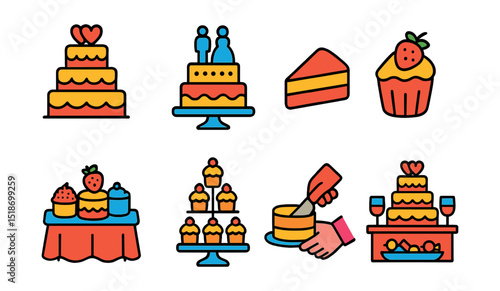 Flat vector icons of wedding cakes and desserts: tiered cake, cake topper, cake slice, dessert table, mini cakes, cupcake tower, cake cutting, sweet bar icon.