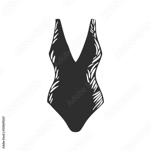 Swimsuit Silhouette With Leaf Pattern Design. Fashion And Beachwear Style Isolated Vector Illustration