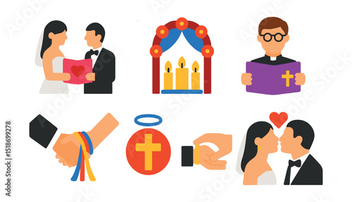 Flat vector icons of wedding ceremonies: vows icon, unity candle, wedding arch, officiant book, handfasting, religious icon, ring exchange, kiss moment.