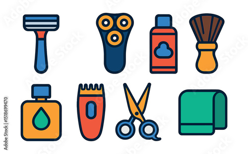 Flat vector icons of shaving and grooming tools: manual razor, electric shaver, shaving foam can, shaving brush, aftershave bottle, beard trimmer, grooming scissors, face towel for shaving.
