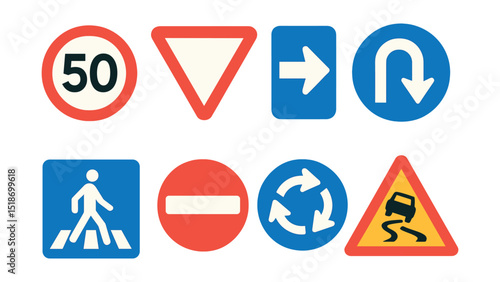 Flat vector icons of traffic and road signs: speed limit sign, yield sign, one-way arrow, U-turn sign, pedestrian crossing, no entry sign, roundabout sign, slippery road sign.