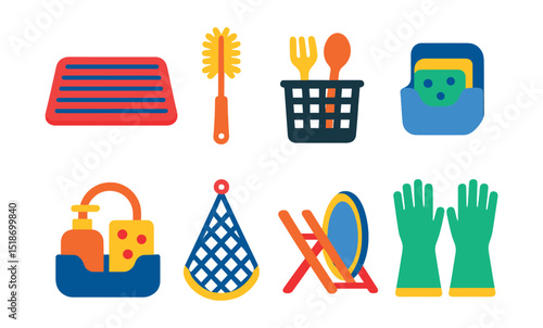 Flat vector icons of utensil cleaning and storage: dish drying mat, bottle brush, utensil basket, scrub sponge holder, sink caddy, drying net, folding dish rack, sponge gloves.