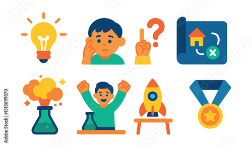 Flat vector icons of invention and discovery moments: lightbulb breakthrough, curious child with question mark, eureka gesture, blueprint scroll, lab explosion, first test success, prototype on table