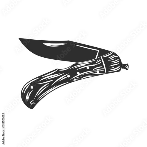 Folding Pocket Knife Silhouette Illustration. Traditional Tool And Outdoor Utility Concept. Isolated Vector Illustration