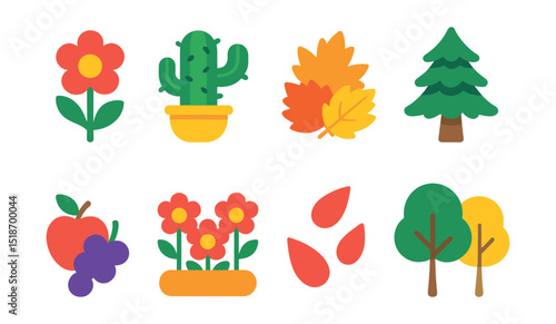 Flat vector icons of seasonal plants and nature: spring bloom, summer cactus, autumn leaf pile, winter pine tree, seasonal fruits, flower bed, falling petals, seasonal forest.