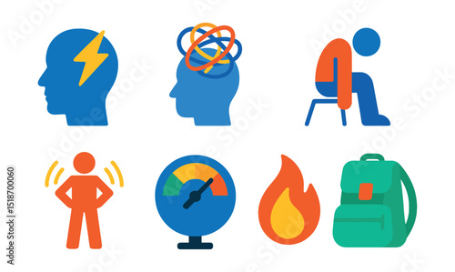 Flat vector icons of stress and burnout: head with lightning, tangled lines over head, slumped body icon, overwork clock, tension posture, pressure gauge, burnout flame, heavy backpack symbol.